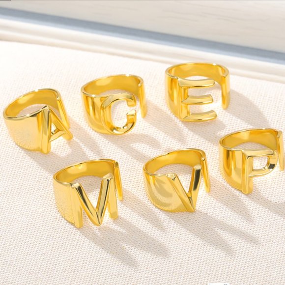 New!! 18k gold plated A-Z Letter Rings Adjustable - Picture 2 of 15